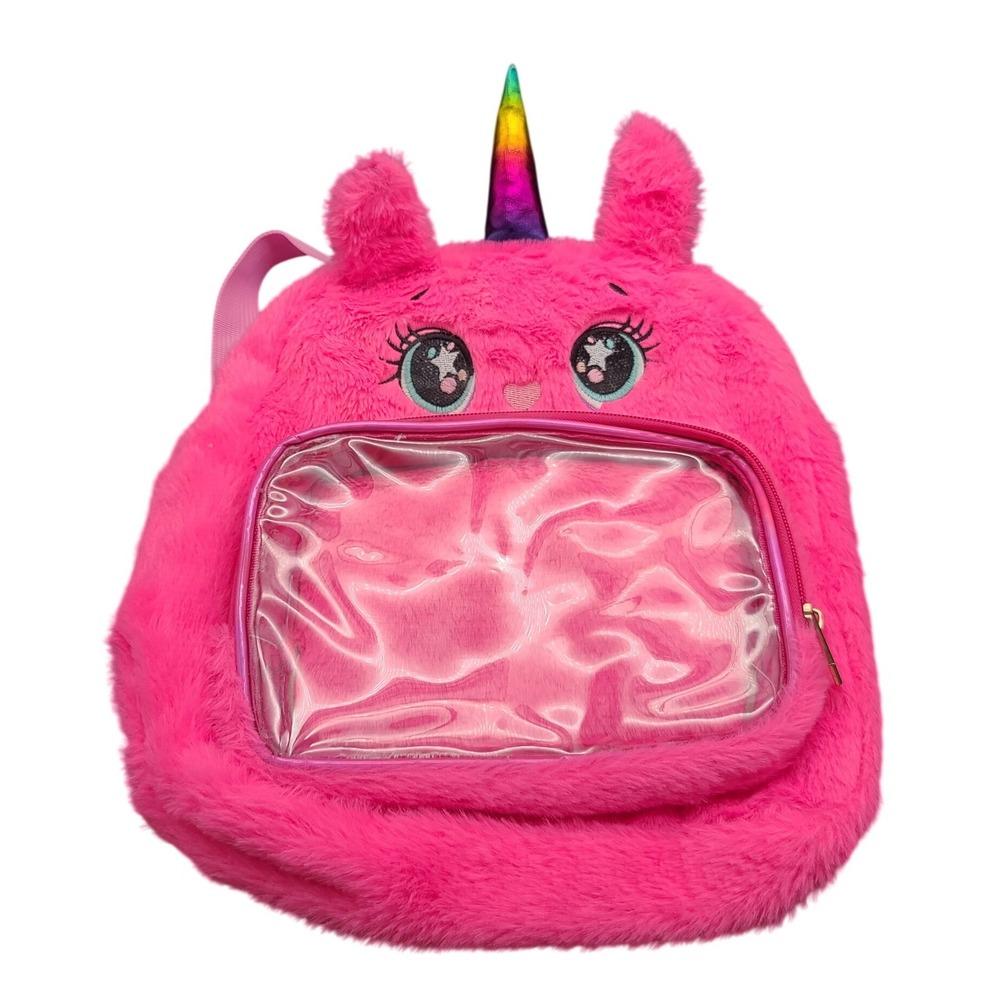 Pink Plush Unicorn Cat Ita Bag Backpack Faux Fur Rainbow Horn Clear Pocket